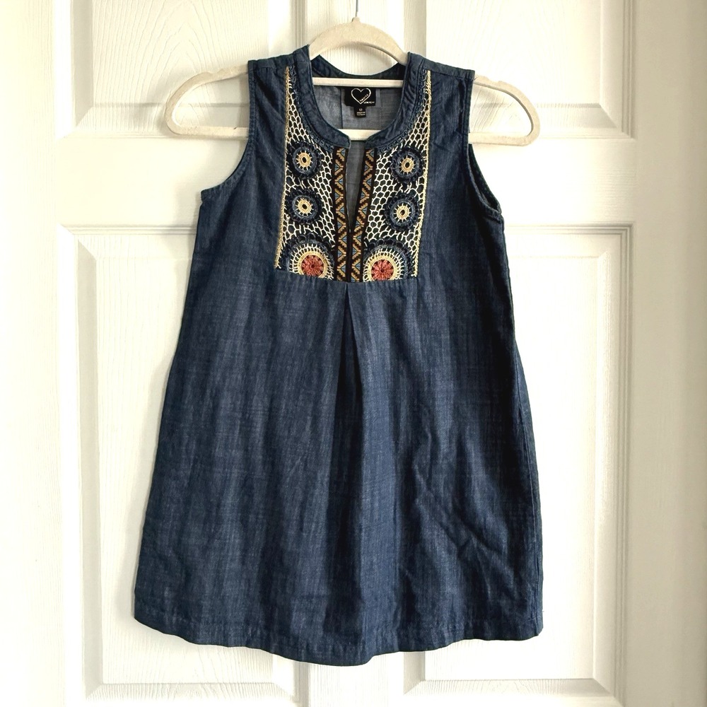 Embroidered Lace Boho Denim Jean Dress Girl 12 L Shift Sleeveless Tunic Top Blue